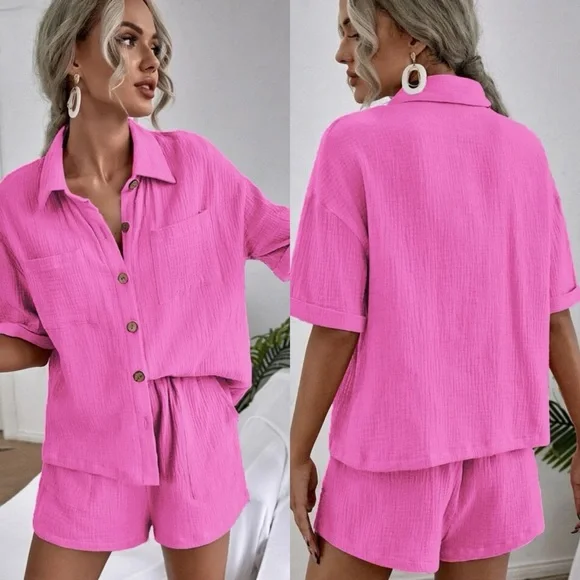 2 piece set: Breast Pocket Button Down Shirt & high waist Shorts coords tan - Picture 14 of 14